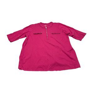 Woman Within Tunic Blouse Women 22/24 1X Pink Cotton Front Half Zip Short Sleeve